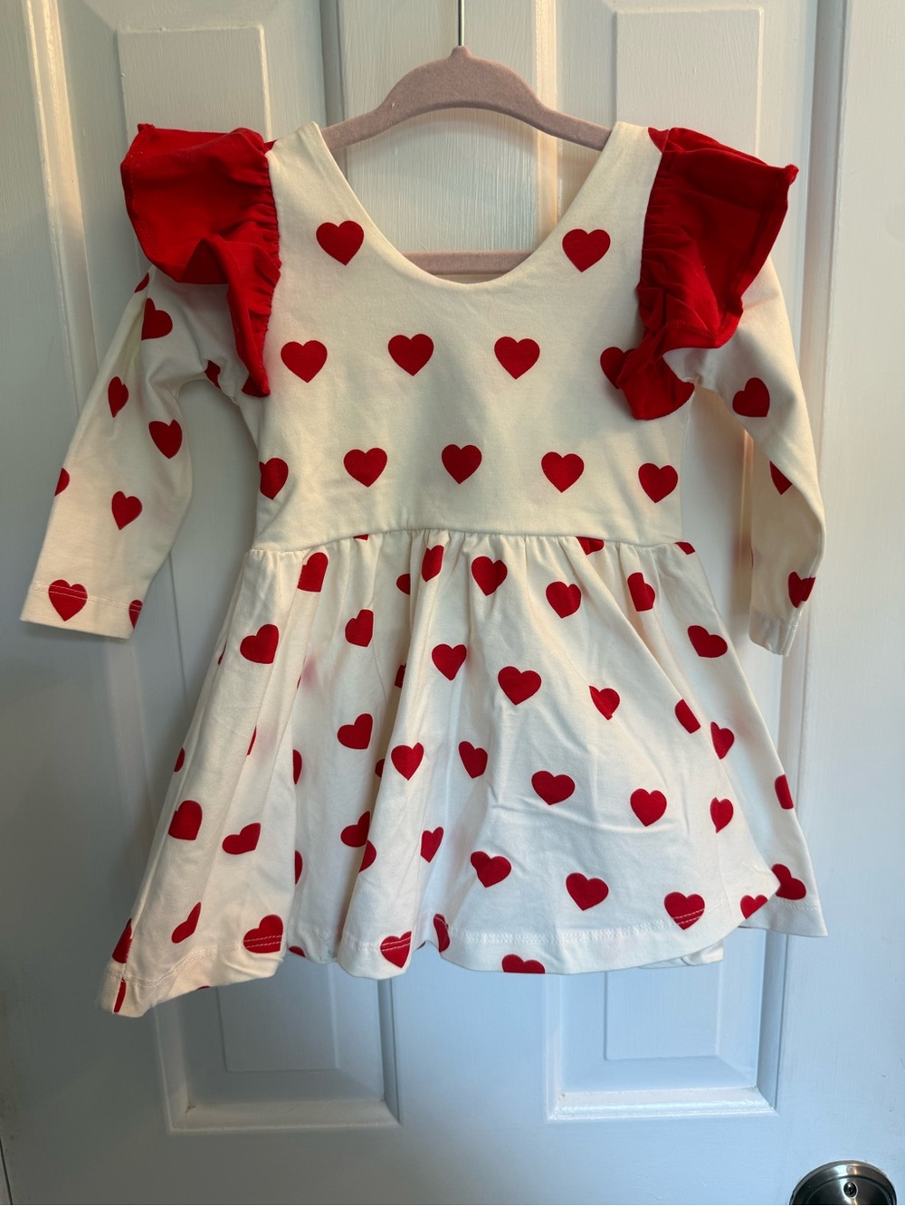 Girls White Dress with Red Heart Print and Red Ruffle Shoulders